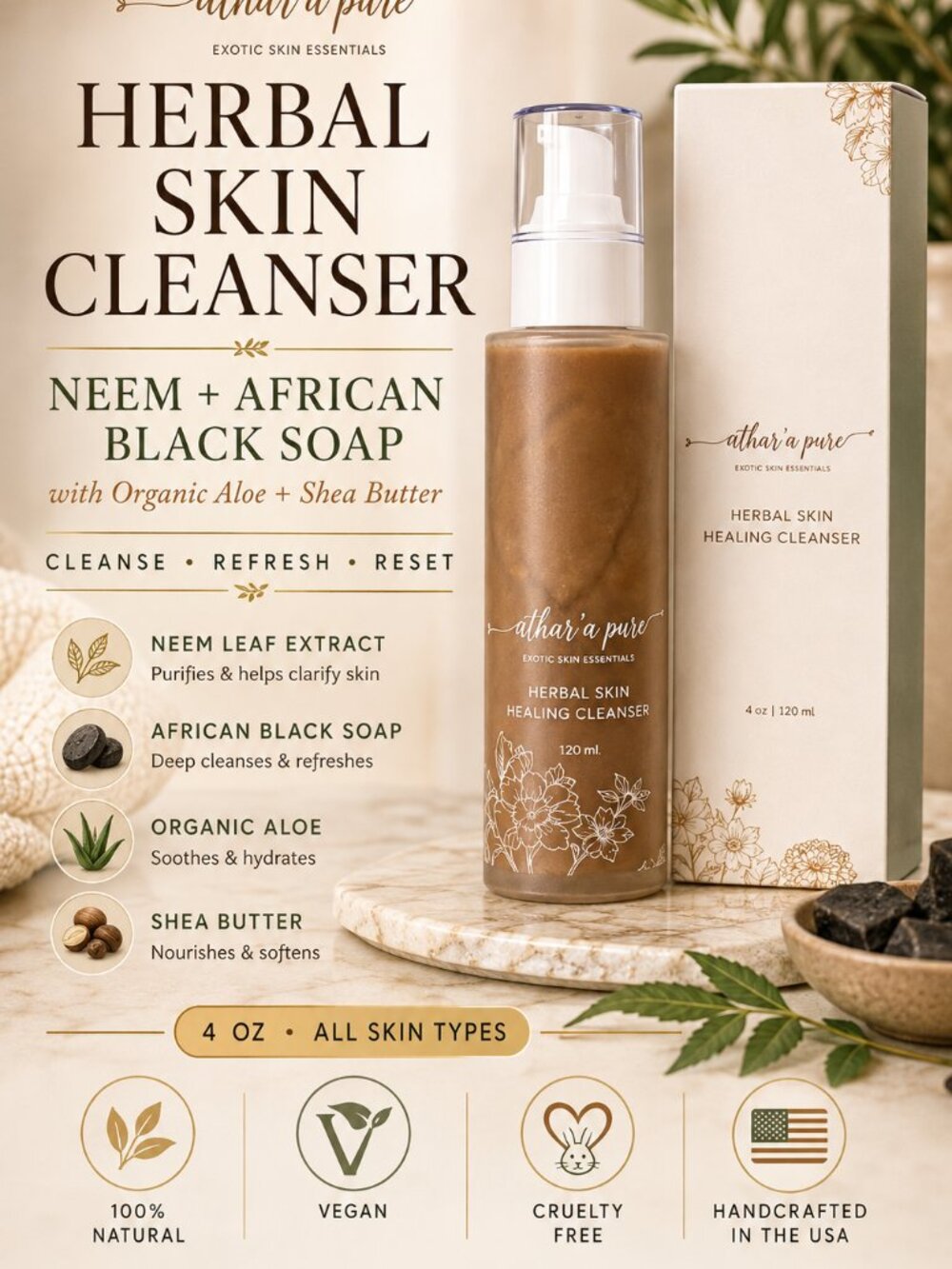Athar’a Pure Herbal Face Cleanser Neem African Black Soap Aloe Shea Butter 4 oz